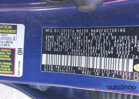 2014 Toyota Corolla S Plus из США, поврежденный, VIN 5YFBURHE4EP119927